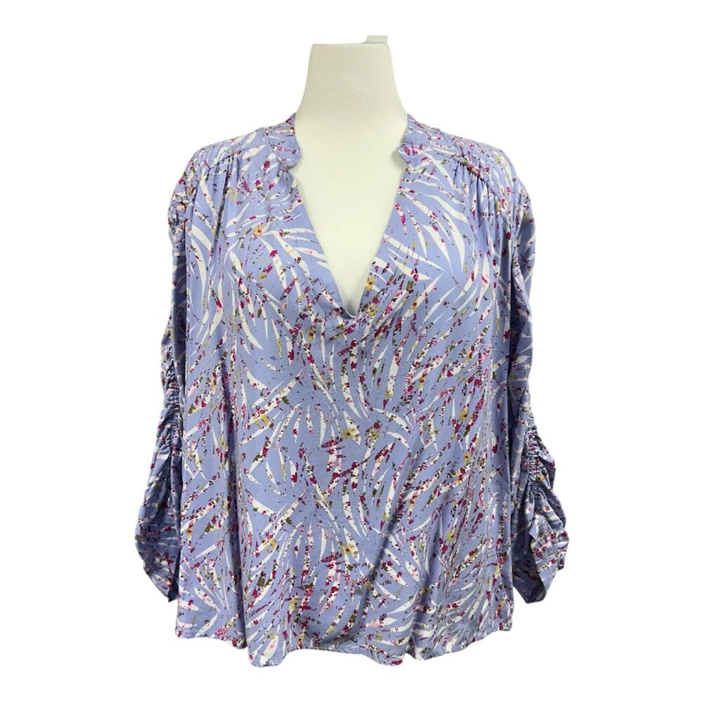 Eloquii Deep V Ruched Sleeve Floral Lilac Blouse Sz 22